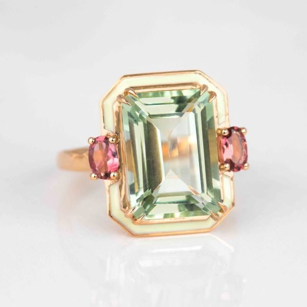 Yeşil Ametist ve Pembe Turmalin Taşlı Altın Art Deco Tasarım Altın Yüzük, İstanbul Collection Rings