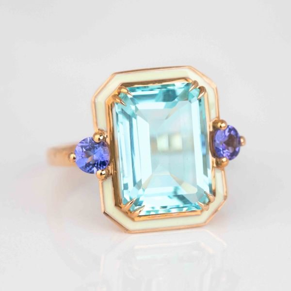 Sky Topaz ve Tanzanit Taşlı Altın Art Deco Tasarım Altın Yüzük, İstanbul Collection Rings