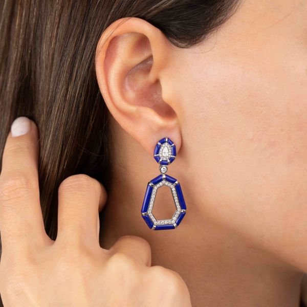 1,10 Karat Pırlantalı Özel Tasarım Artdeco Lapis Altın Küpe