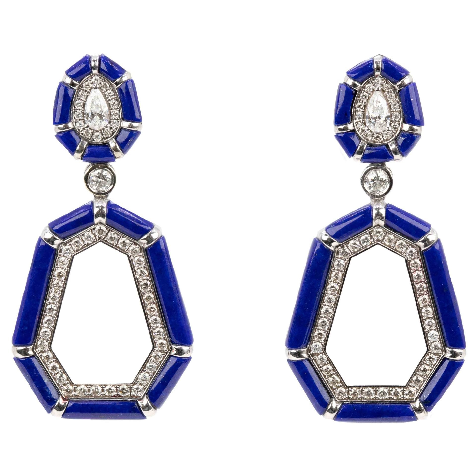 1,10 Karat Pırlantalı Özel Tasarım Artdeco Lapis Altın Küpe