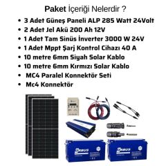 Teknovayon Arge Güneş Enerjisi Bağ Evi Solar Paketi 3000W 24V Tam Sinüs İnverter 285W 24V Güneş Paneli 200Ah 12V Jel Akü