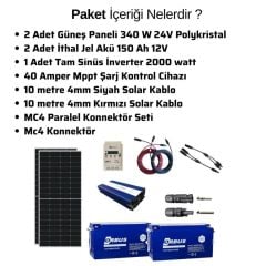 Teknovasyon Arge Güneş Enerjisi Bağ Evi Solar Paketi - 2000W Tam Sinüs İnverter, 2 x 340W 24V Polikristal Güneş Paneli, 2 x 150Ah 12V Jel Akü