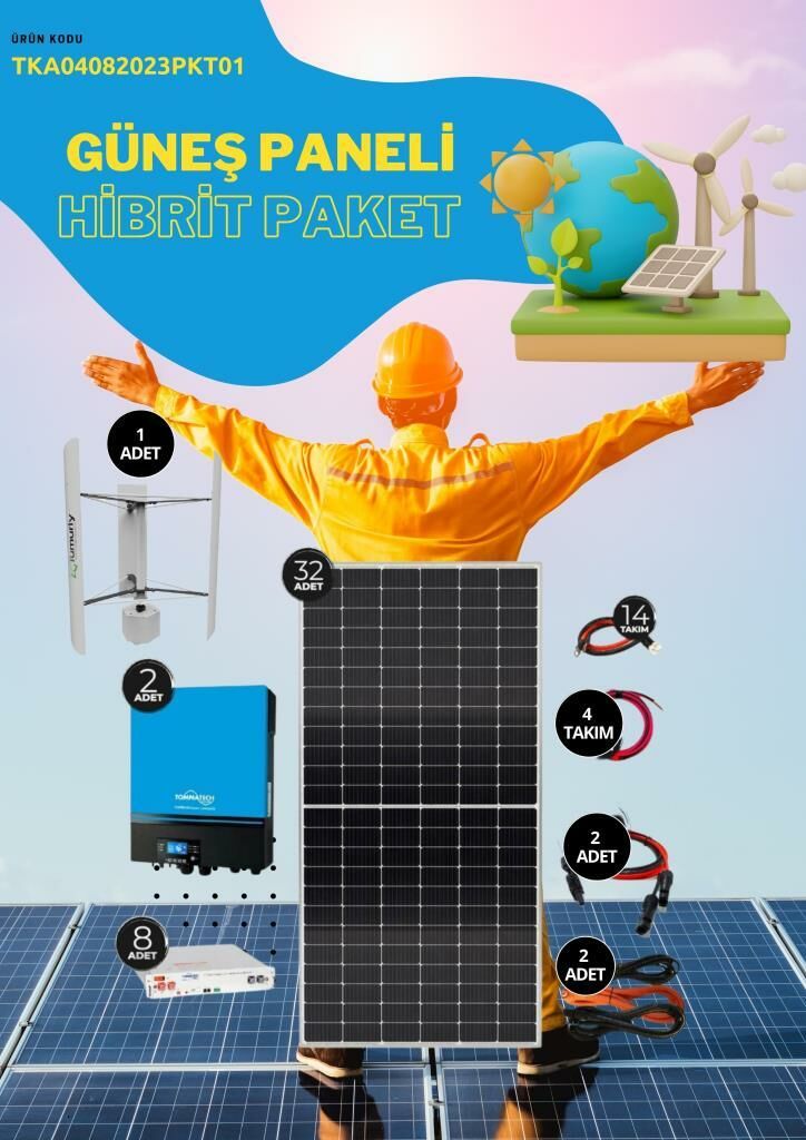 Güneş Enerjisi  Hibrit Paket 15kva  İnverter 455 watt  Güneş Paneli 48 Volt 50 Amper Lityum Akü  5000 Watt  Dikey Rüzgar Türbini