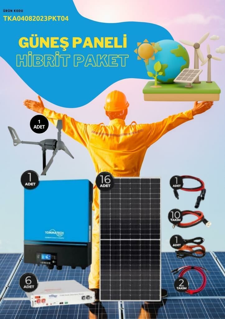 Güneş Enerjisi  Hibrit Paket 7.2 KVA İnverter 450 watt  Güneş Paneli 48 Volt 50 Amper Lityum Akü İ-2000W 48V Rüzgar Türbini + Hibrit Şarj Kontrol