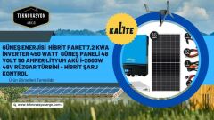 Güneş Enerjisi  Hibrit Paket 7.2 KVA İnverter 450 watt  Güneş Paneli 48 Volt 50 Amper Lityum Akü İ-2000W 48V Rüzgar Türbini + Hibrit Şarj Kontrol