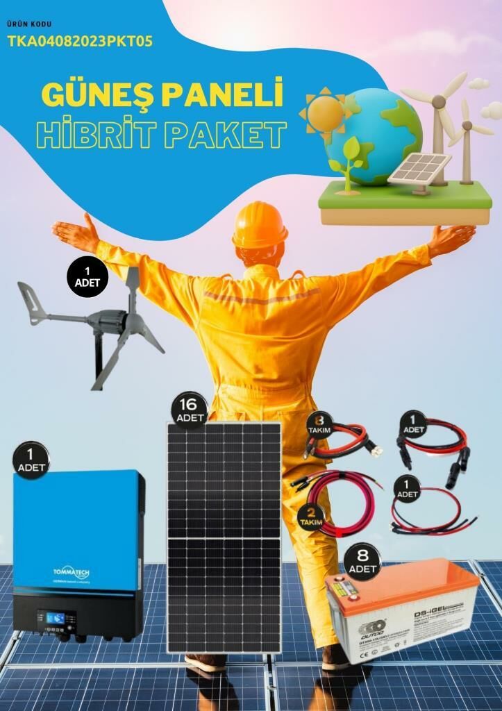 Güneş Enerjisi  Hibrit Paket 7.2 KVA İnverter 450 watt  Güneş Paneli 200 Amper Jel Akü İ-2000W 48V Rüzgar Türbini + Hibrit Şarj Kontrol