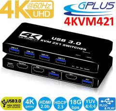 Gplus 4KVM421 KVM Switch 2x1 HDMI 4K USB 3.0 HDCP 2.3 HDR10 EDID