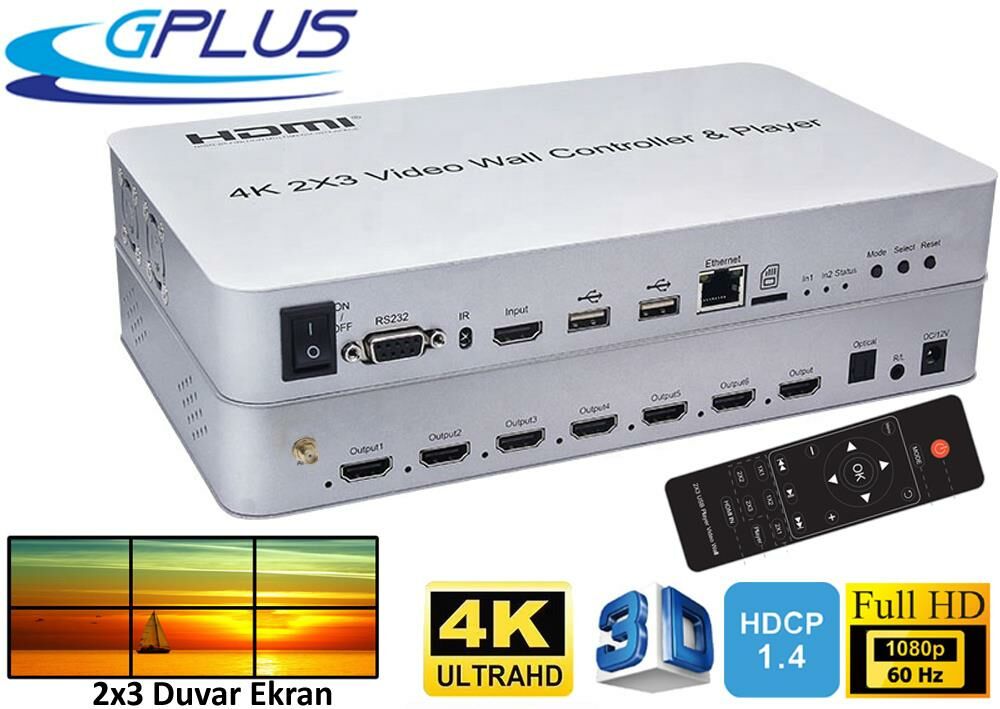 Gplus 4KVW344P 2x3 Video Wall Controller HDMI Wifi Duvar Ekran