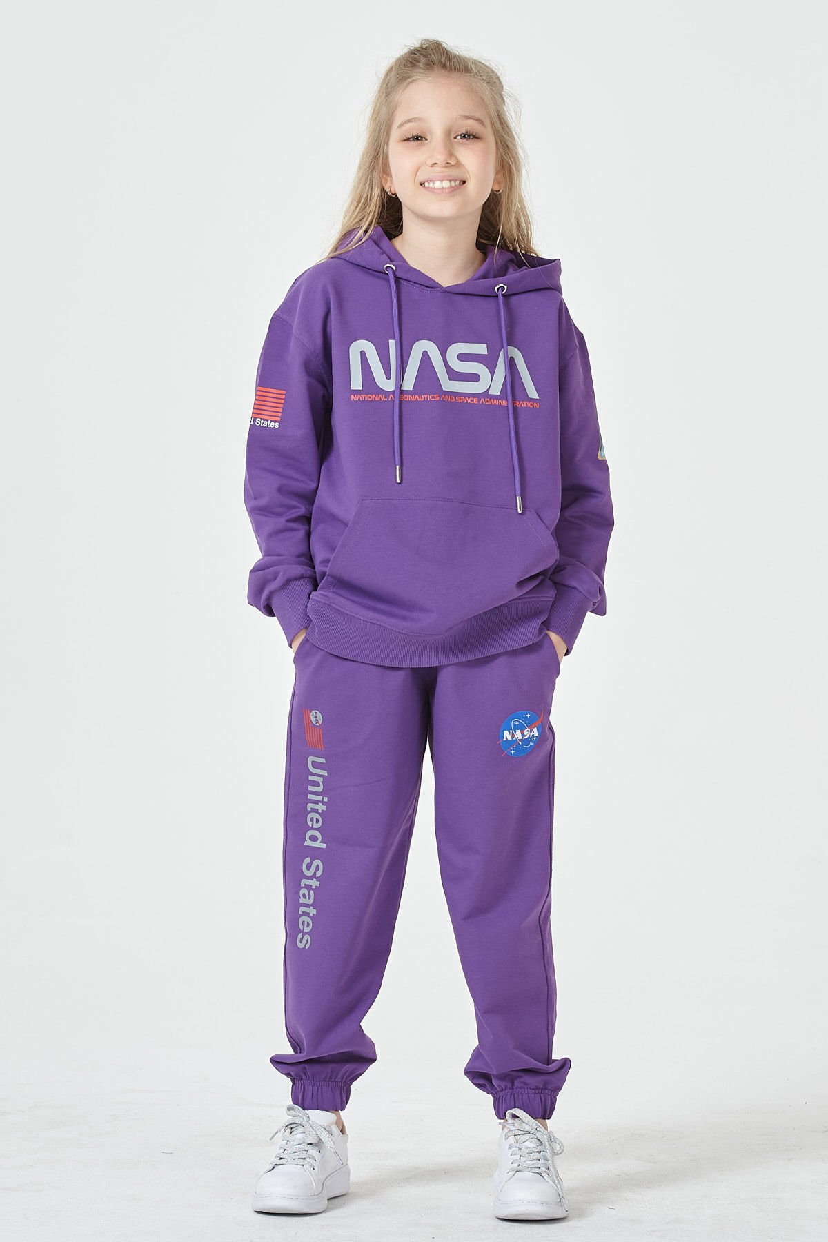 KIZ ÇOCUK UNİSEX  NASA BASKI DETAYLI OVERSİZE KAPÜŞONLU ÇOCUK EŞOFMAN TAKIMI MOR - 2-3 Yaş