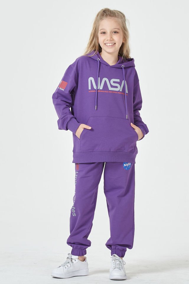 KIZ ÇOCUK UNİSEX  NASA BASKI DETAYLI OVERSİZE KAPÜŞONLU ÇOCUK EŞOFMAN TAKIMI MOR - 2-3 Yaş