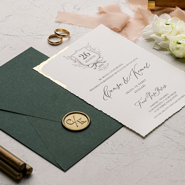 Düğün Davetiyesi Ekn-4504 | Yeşil Renk Zarflı Mühürlü Davetiye