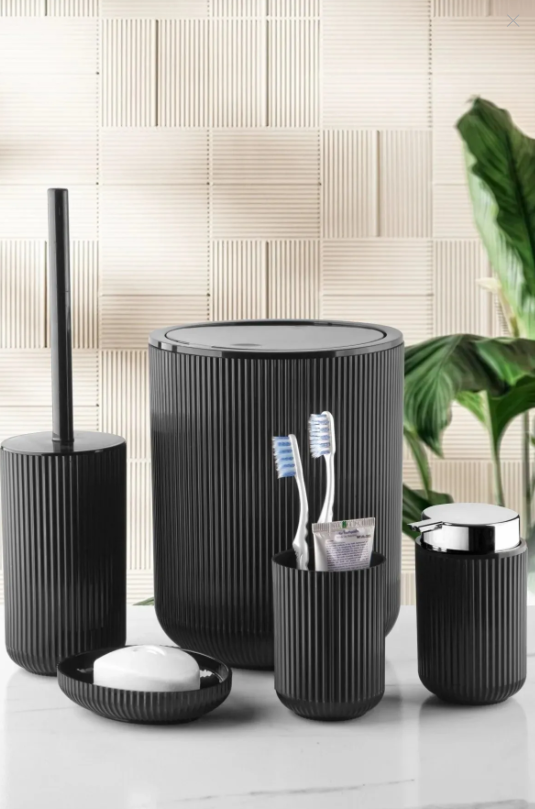 NESS HOME Unique 5'li Krom Çizgili Yuvarlak Banyo Takımı / Premium Series / Çöp Kovası Sabunluk WC Fırçalık