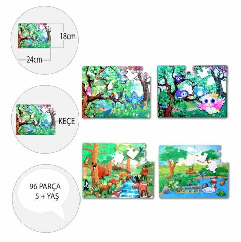 4 Set - 96 Parça Tox Orman ve Baykuş 5+ Keçe Yapboz - 5 Yaş Puzzl