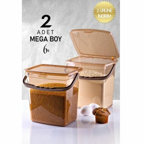 Kitchen Life 6 Litre  Mega Boy 2'li Kare Un Bakliyat Kabı - Kulplu Deterjanlık Un Kabı Saklama Kutusu Bal Köpüğü