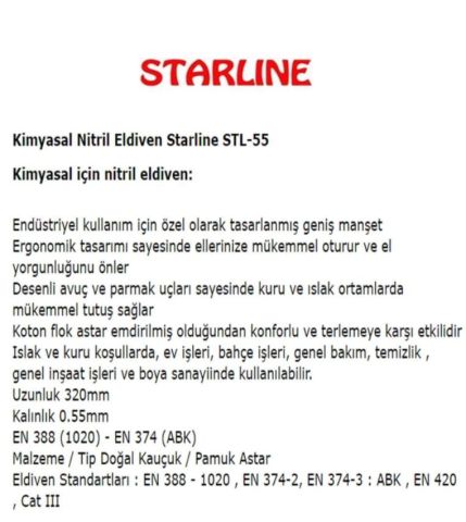 Kimyasal Nitril Eldiven Starline Stl-55 (9-9,5 Numara)