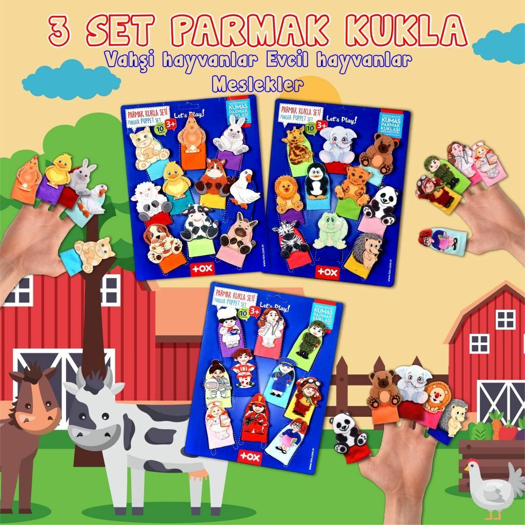 3 Set - 30 Parça Tox Evcil , Vahşi Hayvanlar ve Meslekler Parmak