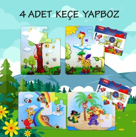 4 Set - 48 Parça Tox Gökkuşağı ve Zürafa 3+ Keçe Yapboz - 3 Yaş P