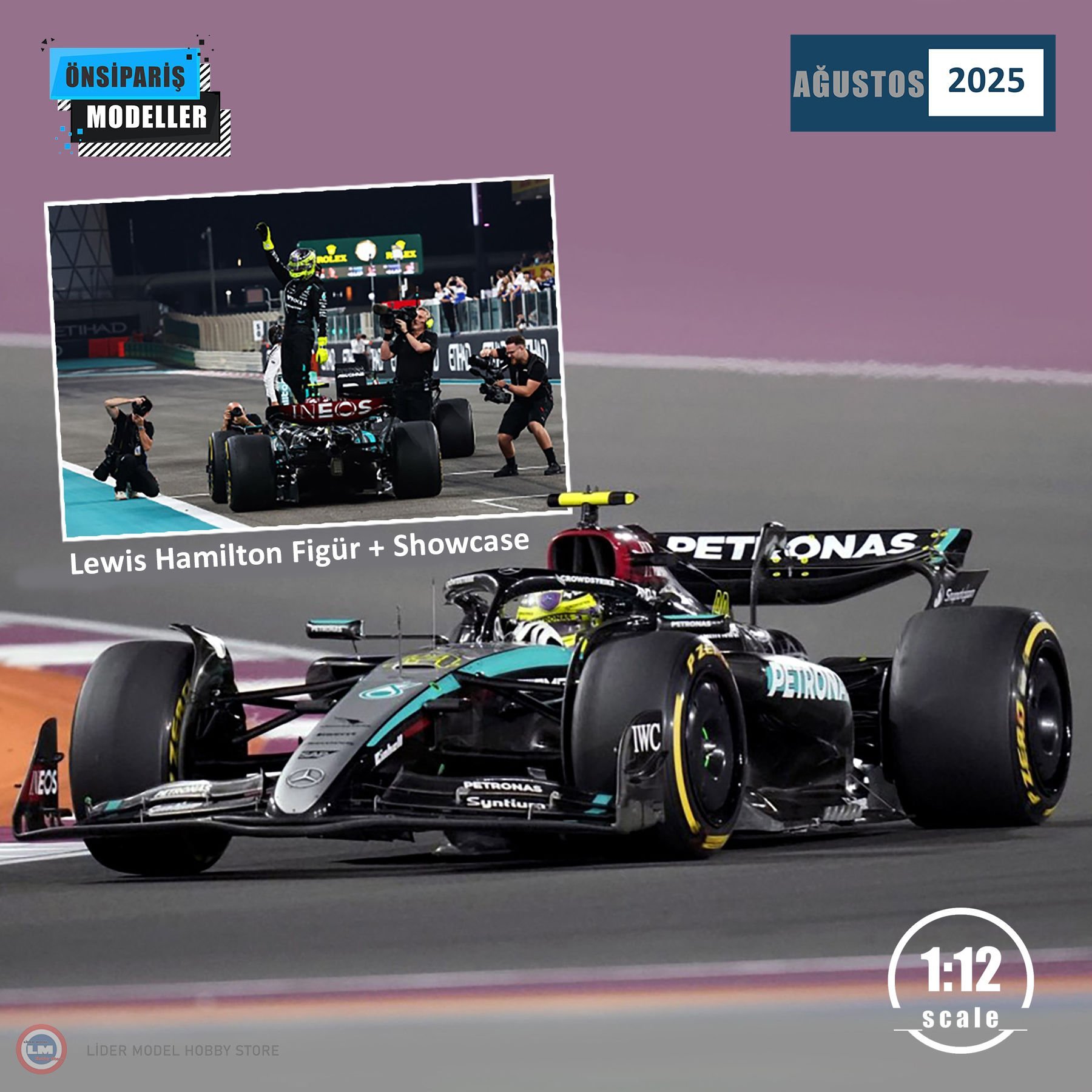 1:12 Mercedes Benz AMG Petronas #44 Abu Dhabi GP 2024 Formula 1 W15 EQ - LAST RACE - Lewis Hamilton Figürlü + Showcase