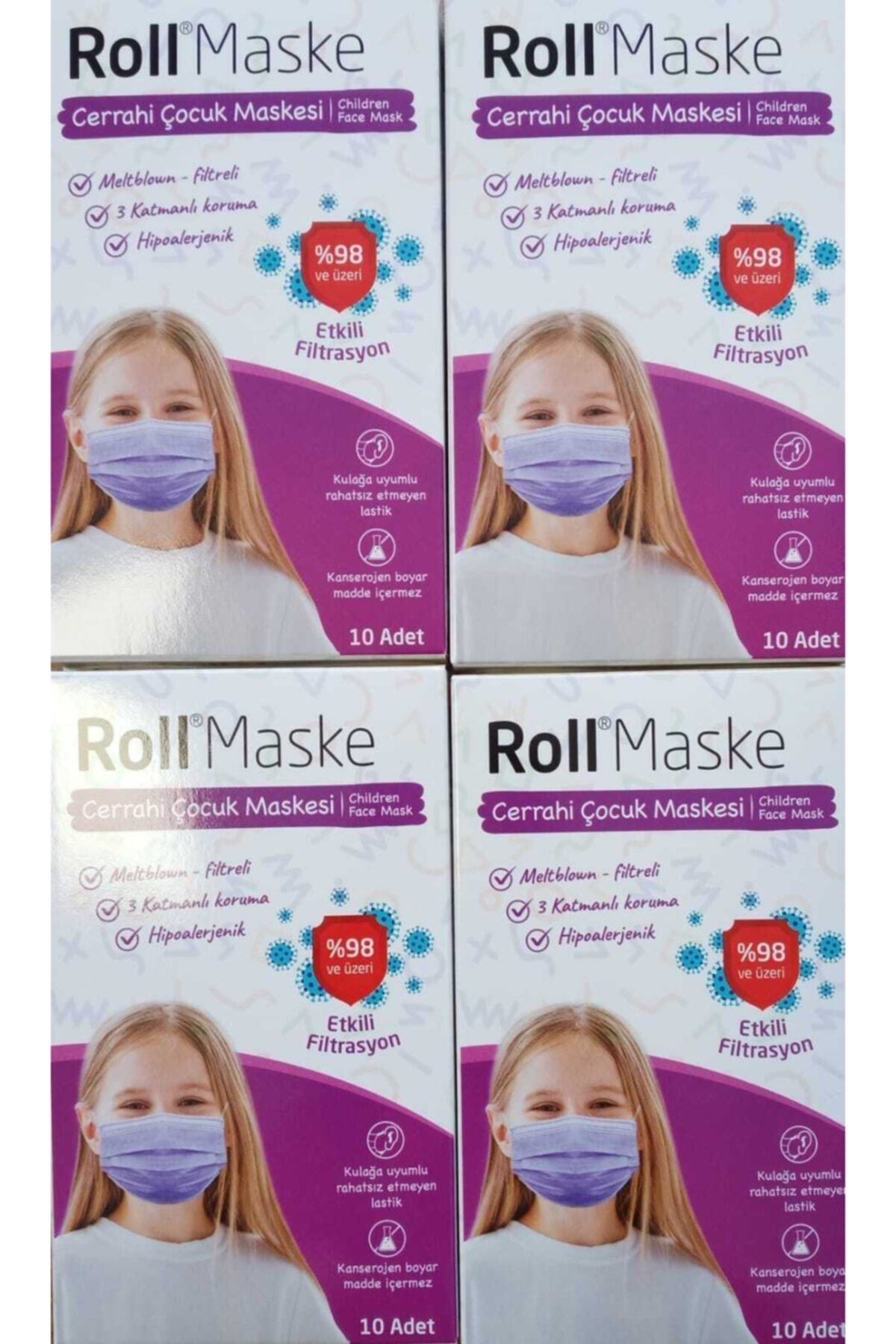 Roll 3 Katlı Kız Çocuk Mor Cerrahi Maske Telli 10'lu 4 Kutu