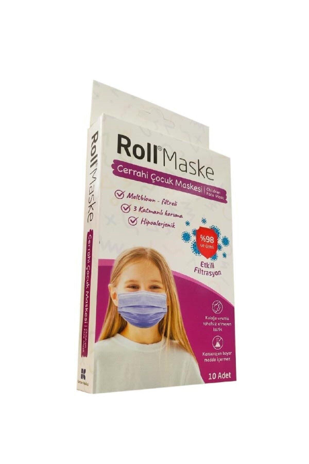 Roll 3 Katlı Kız Çocuk Mor Cerrahi Maske Telli 10'lu