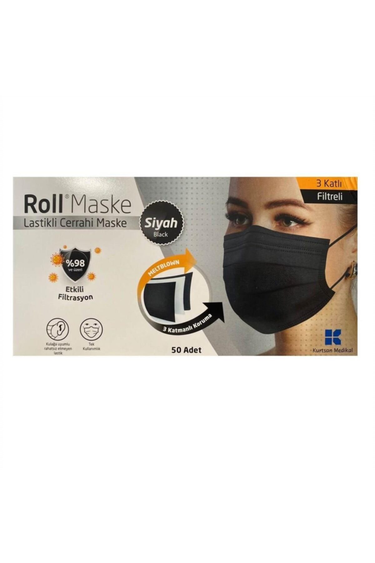Roll 3 Katlı 10'lu Paketlenmiş Siyah Cerrahi Maske Telli 50'li