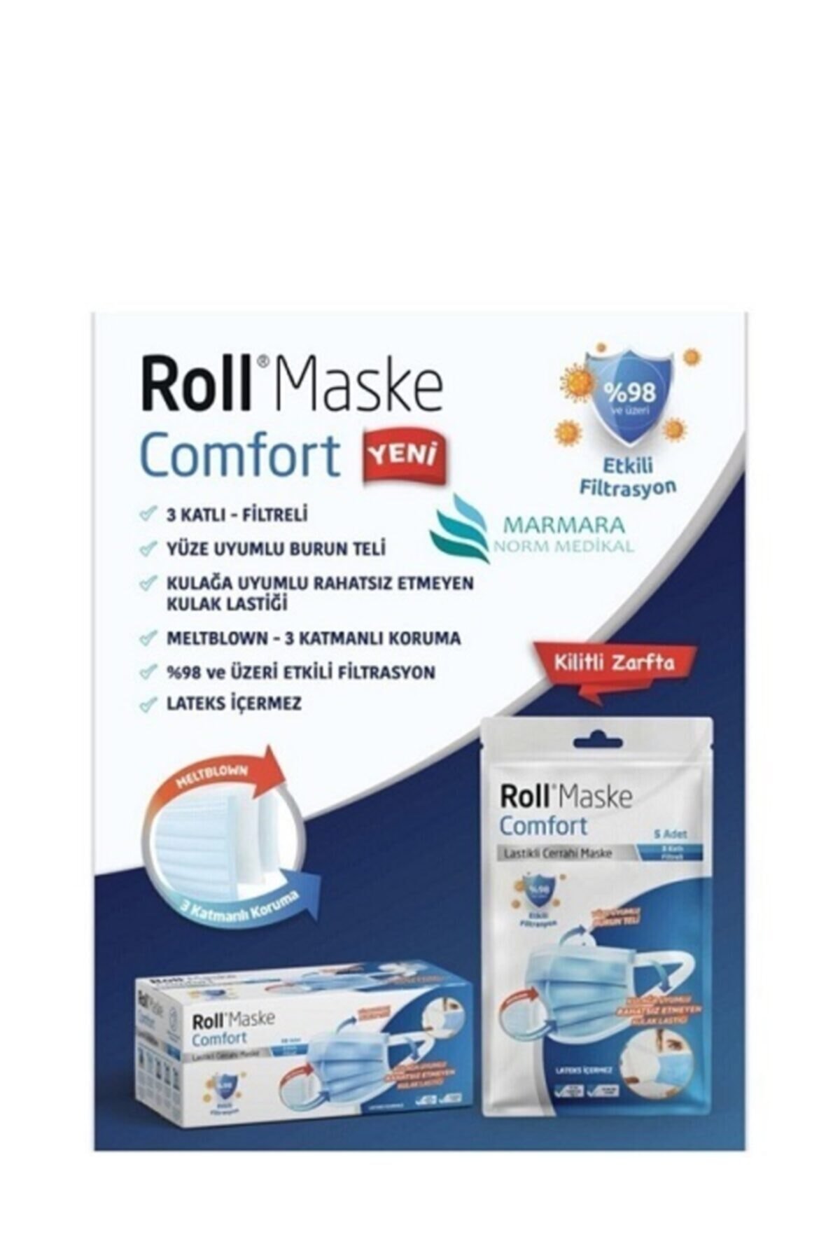 Roll Comfort 3 Katlı Meltblown Cerrahi Maske Telli 50'li Paket