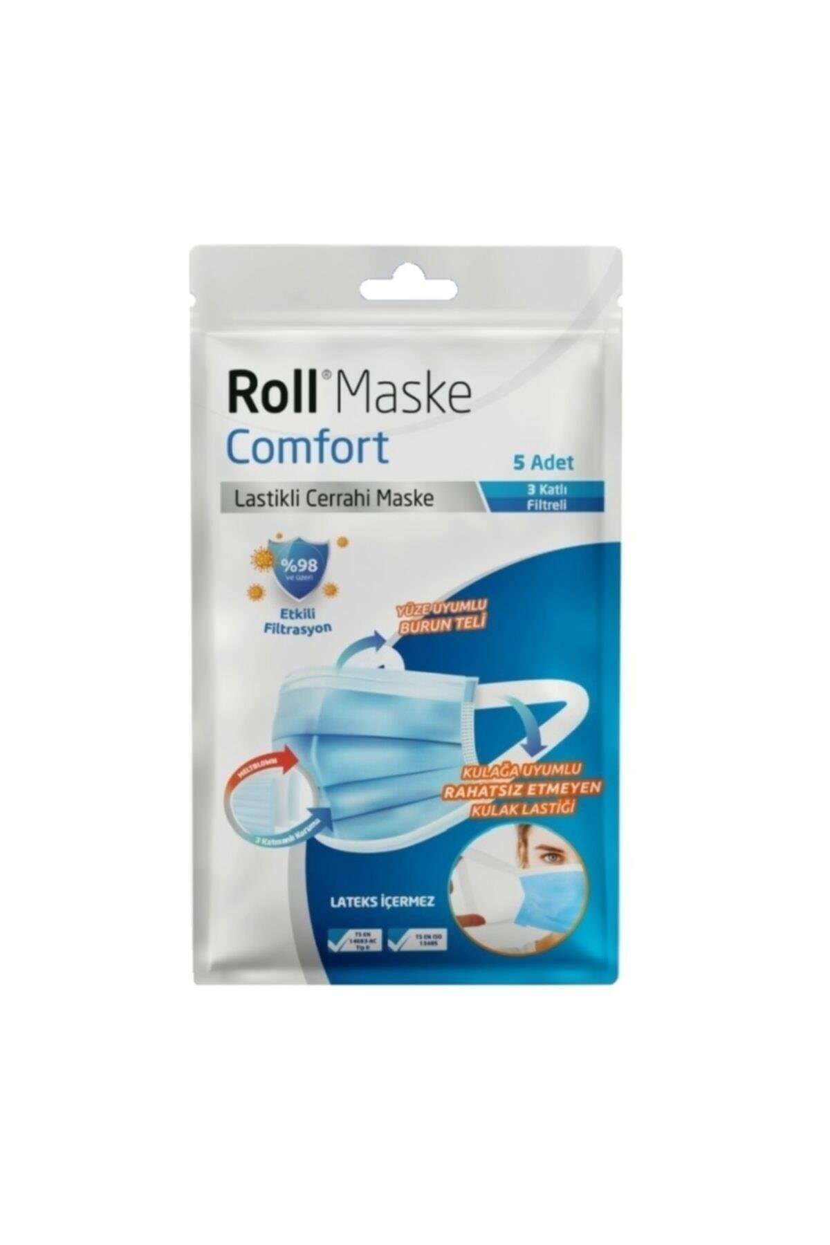 Roll Comfort 3 Katlı Meltblown Cerrahi Maske Telli 5'li Paket