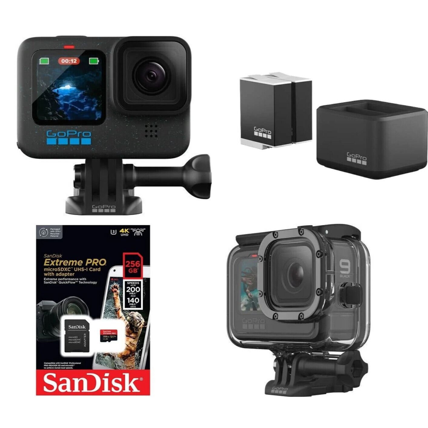 Gopro HERO 12 BLACK Aksiyon Kamerası + Sandisk Extreme Pro 256GB Hafıza Kartı + GoPro Enduro İkili Şarj Cihazı + İkili Enduro Batarya + Housing