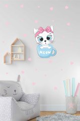 Fincan İçindeki Sevimli Şaşkın Kedi Çocuk Odası Duvar Sticker