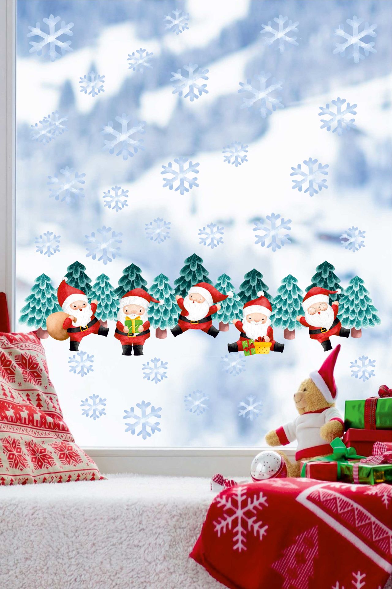 Yılbaşı Sevimli Noel Babalar Yeni Yıl Kar Taneleri Çocuk Bebek Odası Duvar Cam Sticker