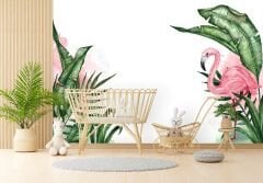 Tropikal Yapraklar ve Flamingo Duvar Kağıdı