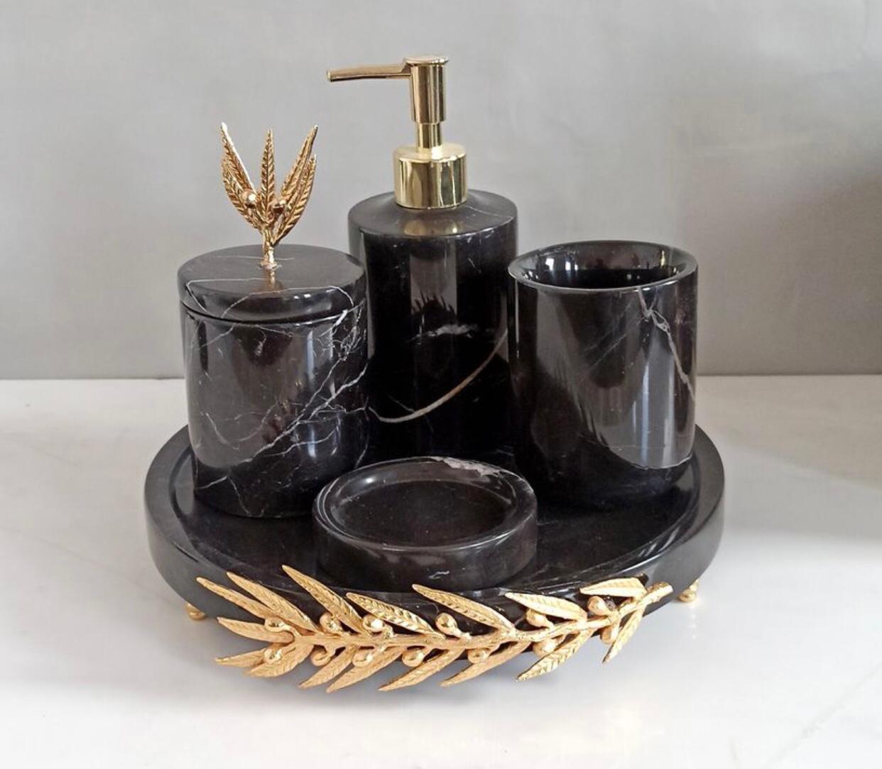 Gold Zeytin Figürlü Toros Siyah Mermer 5li Banyo Seti
