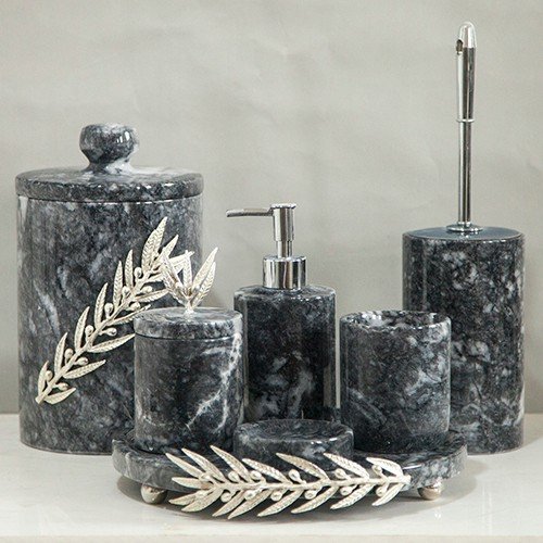 Gümüş Zeytin Figürlü Bursa Siyah 7li Banyo Seti