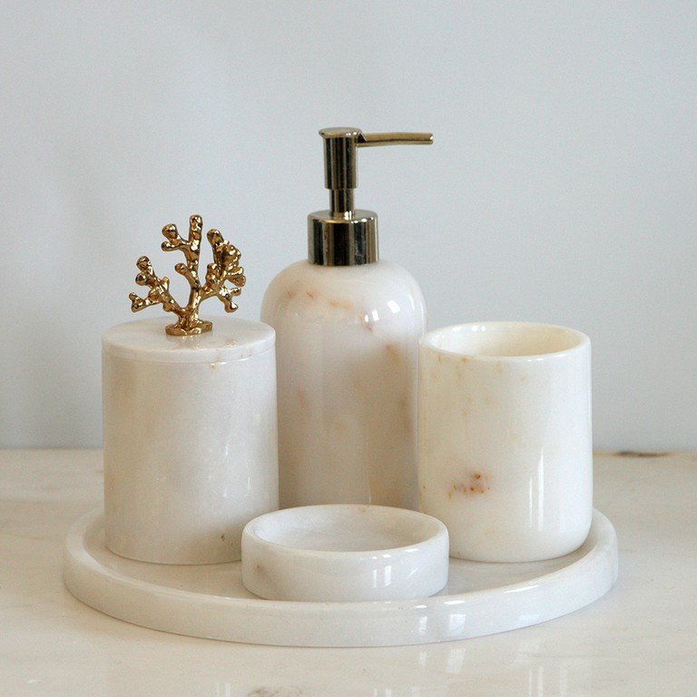 Klasik Afyon Beyaz 5li Banyo Seti - Mercan Aksesuarlı