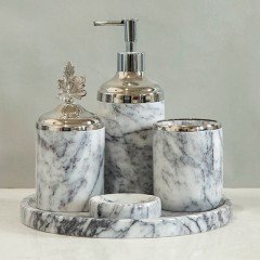 Yeni Model Leylak Mermer 5li Banyo Seti (Gümüş Aksesuar)
