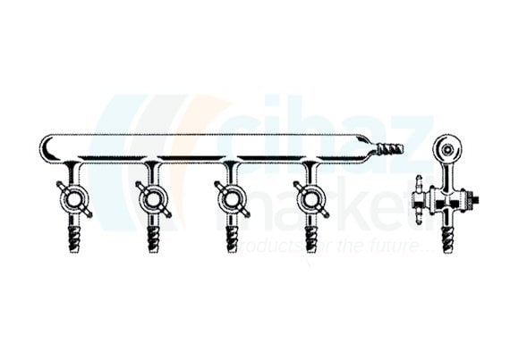 Çalışkan Cam Teknik LG008.03.0003  Vakum manifoldu (Inert atmosfer azot hattı), Tek hatlı, Cam Musluklu 300  Boy mm, Musluk Sayısı 3