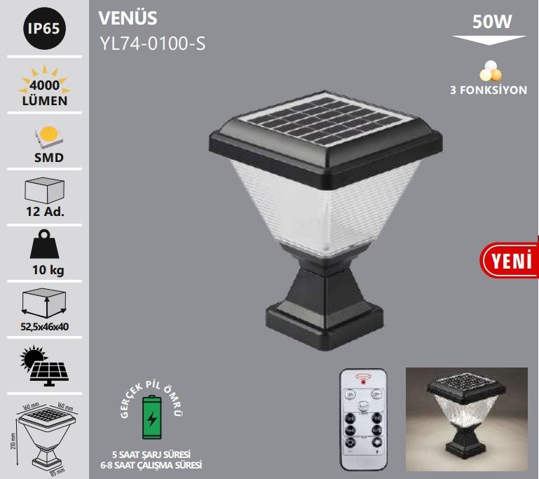 Noas YL74-0100-S Venüs 50W Set Üstü 3 Renk Işık Solar Aplik