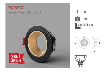 YCL Yücel YC 1040 Plastik Siyah+ Sendy Gold Dekoratif Spot Kasası (Gu10 Duya Uygun)