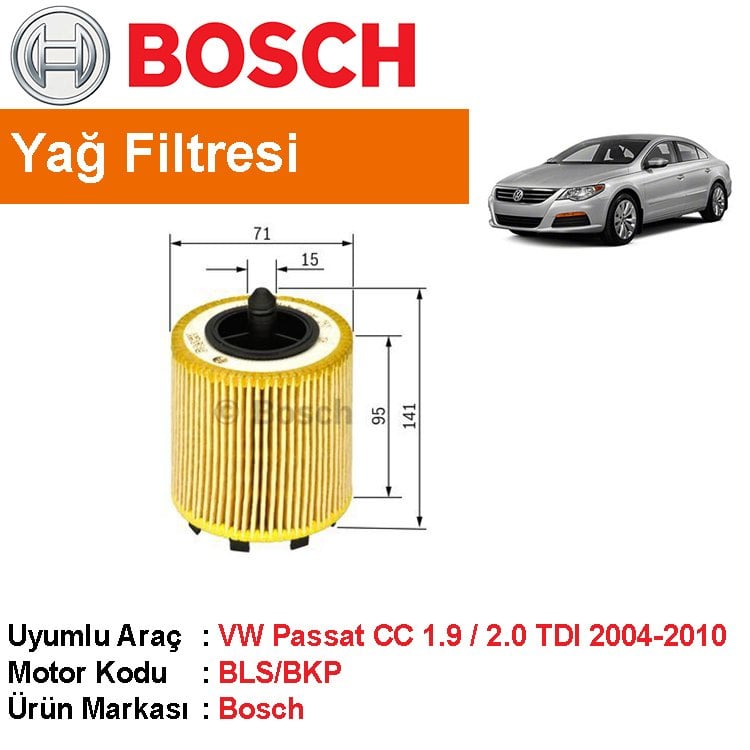 VW Passat CC 1.9 / 2.0 TDI Yağ Filtresi 2004-2010 [Bosch]