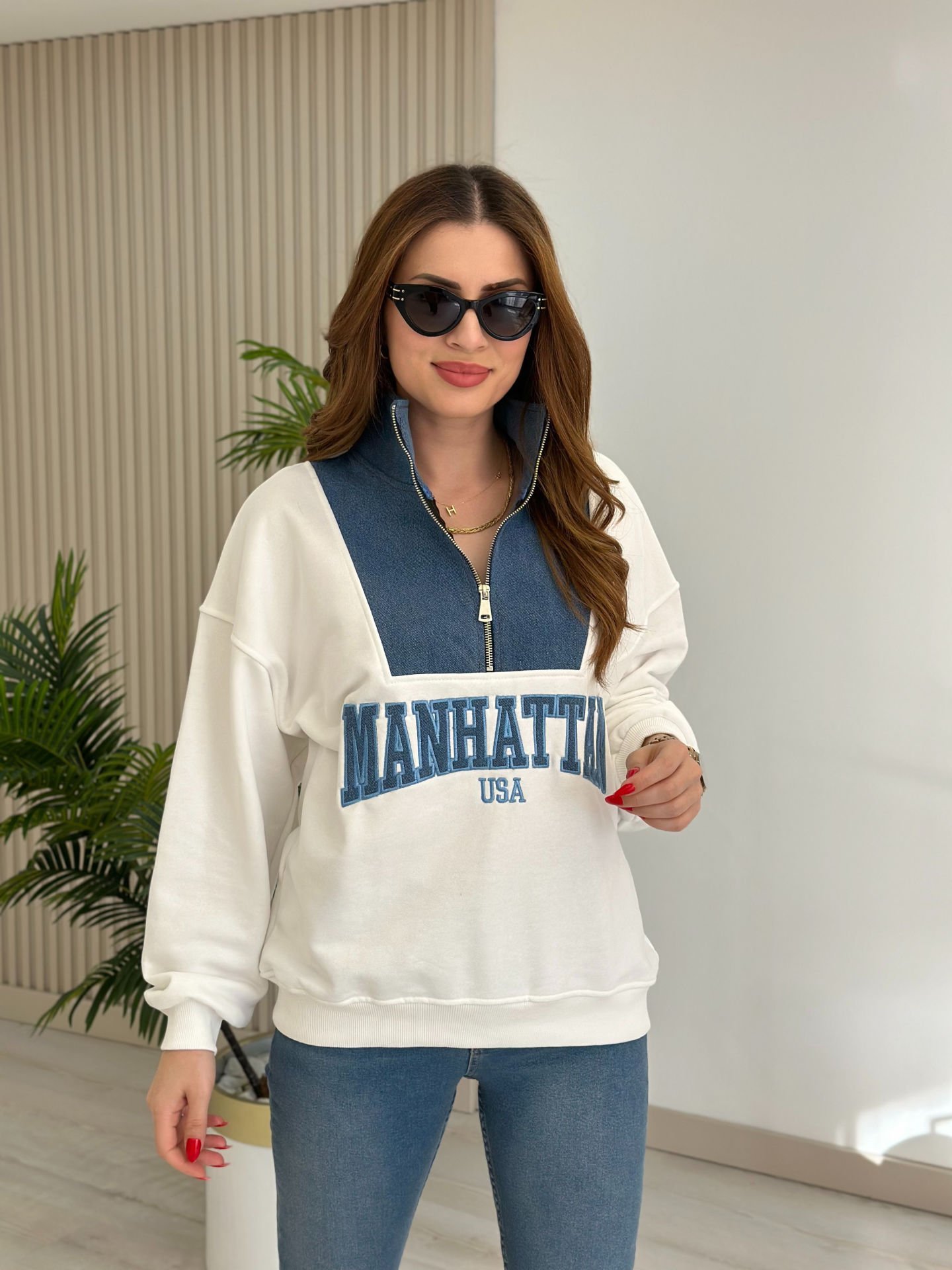 Manhattan Yakası Fermuarlı Kotlu İki İplik Sweatshirt Beyaz