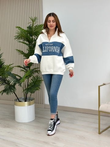 California Kot Detaylı Yakası Fermuarlı Üç İplik Sweatshirt Beyaz