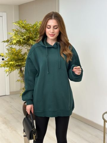 Oversıze İçi Şardonlu Kapşonlu Sweatshirt Zümrüt Yeşil