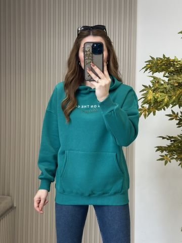 Göğsü Soğuk Baskılı İçi Şardonlu Kapşonlu Sweatshirt Yeşil