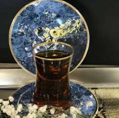Sembol Lacivert Dekor Tabaklı 6 Kişilik 12 Parça Çay Seti