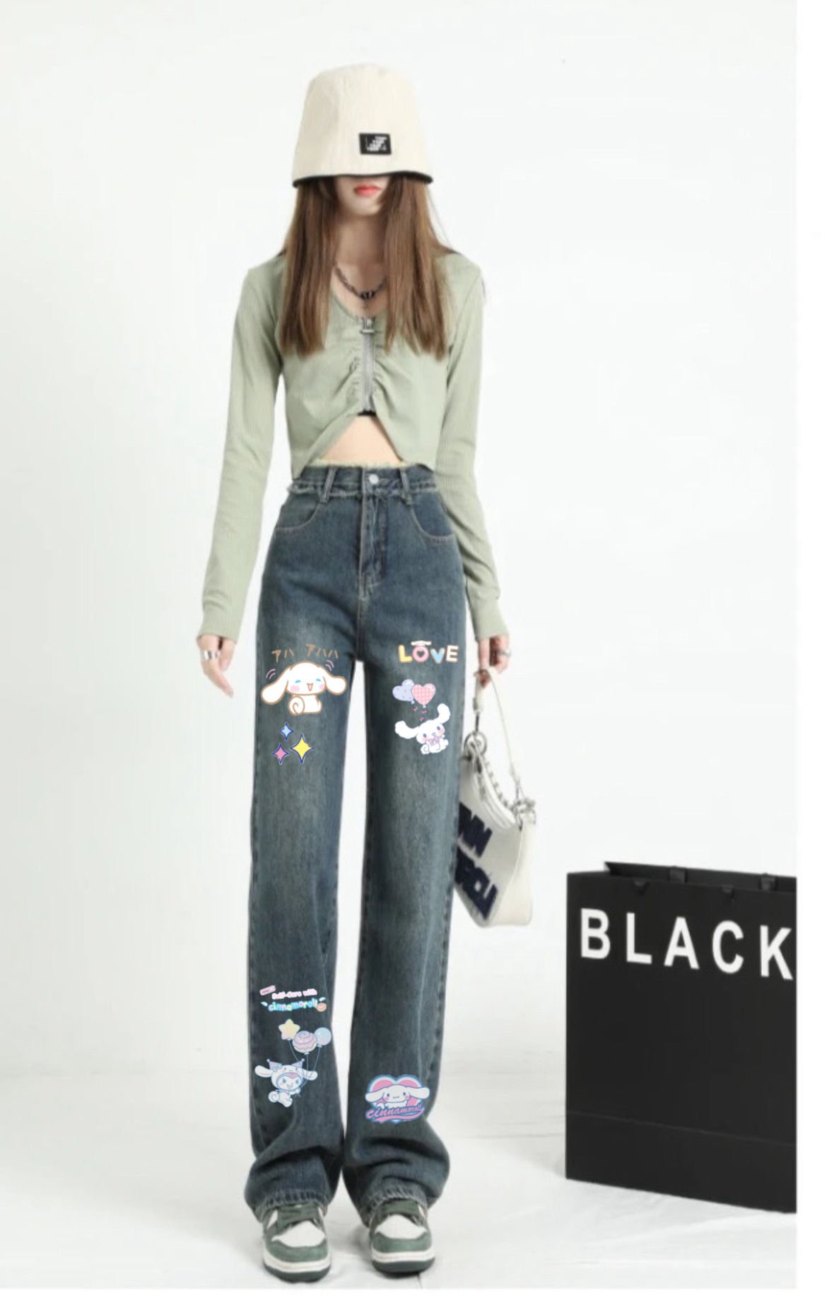 Y2K Sanrio Kitty Baskı Detay  Korea  Jeans Pantolon