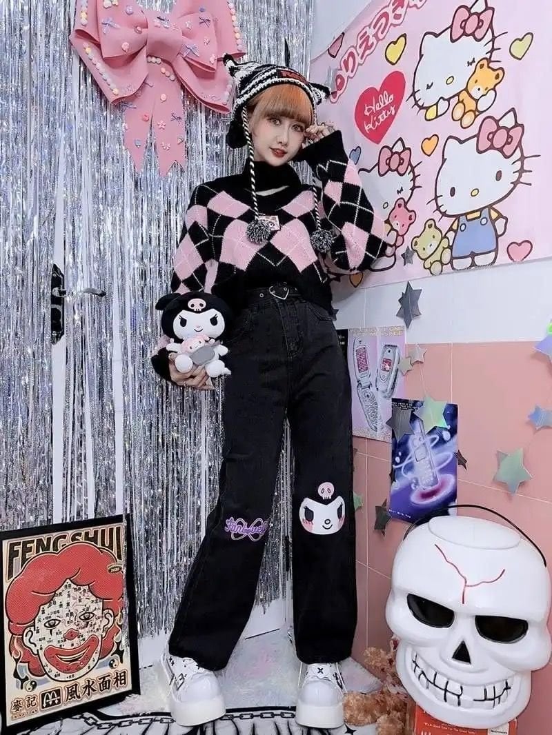 Y2K Kuromi Baskı Detay  Korea  Jeans Pantolon