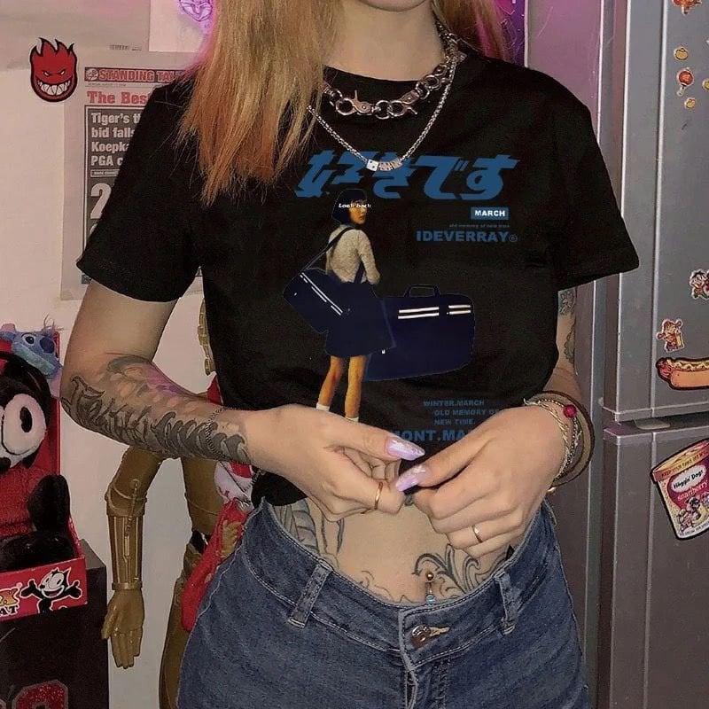 Harajuku Anime Baskılı  Siyah Crop Tshirt