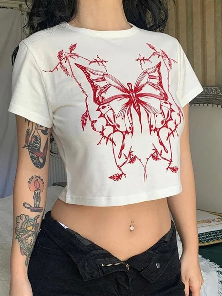 Kelebek Baskılı  Beyaz  Crop Tshirt