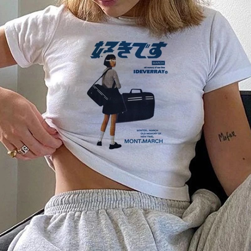 Harajuku Anime Baskılı  Beyaz Crop Tshirt