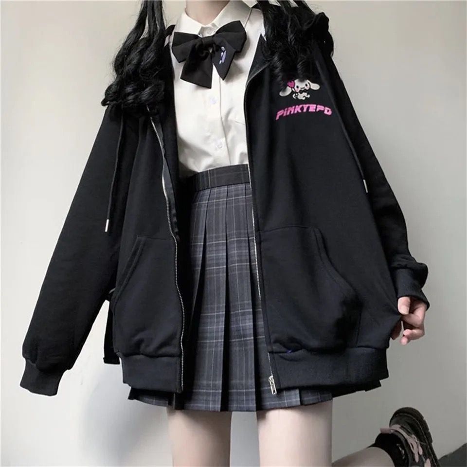 Harajuku  Siyah Fermuarlı Hırka